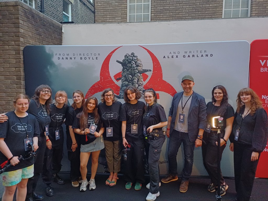 Young Women's Film Academy members, Tim Goodill, Ellen Wiltshire of Tyneside Cinema, Newcastle College Performing Arts students and Lecturer Nalalie Radcliffe at the Tyneside Cinema, filming the Gala Screening of 28 Years Later on 19th June 2025