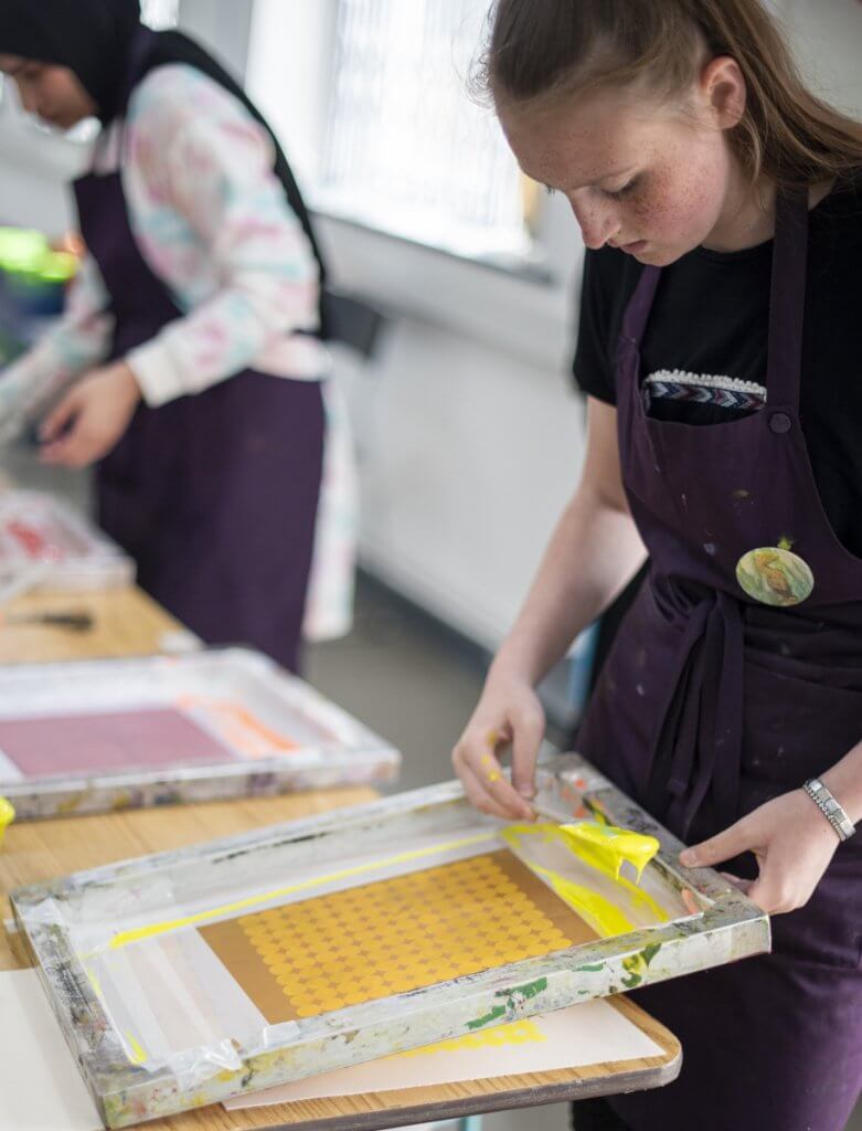 Newcastle College Students make prints on a GLOW Newcastle residency