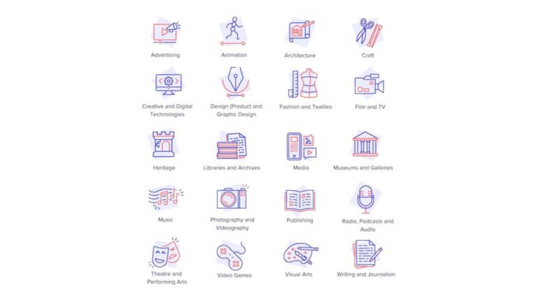 20 icons representing different industries within the creative sector